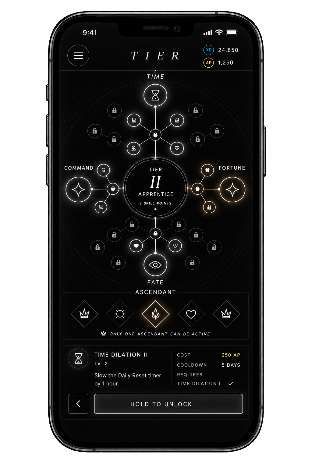 Tierborne Skill Tree preview with Time, Command, Fortune, Fate, and Ascendant branches